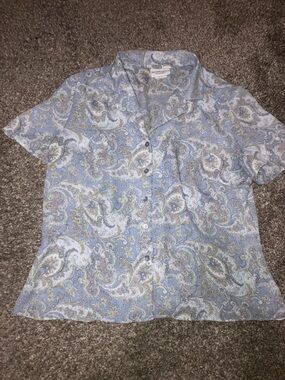 Jaclyn Smith Blue Paisley Short-Sleeve Button Front Blouse Vintage 14
